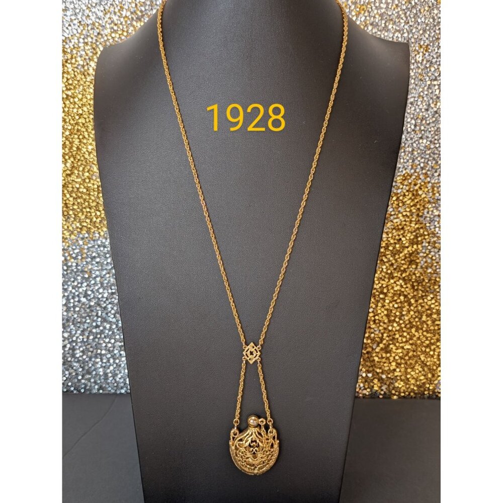 Gold-Tone 1928 Rare Necklace W/Intricate Filigree Design & Ornate Pot W/ Stopper